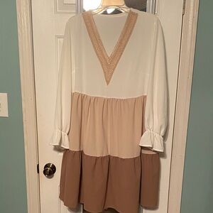 SHEIN White and Tan Long Sleeve Dress